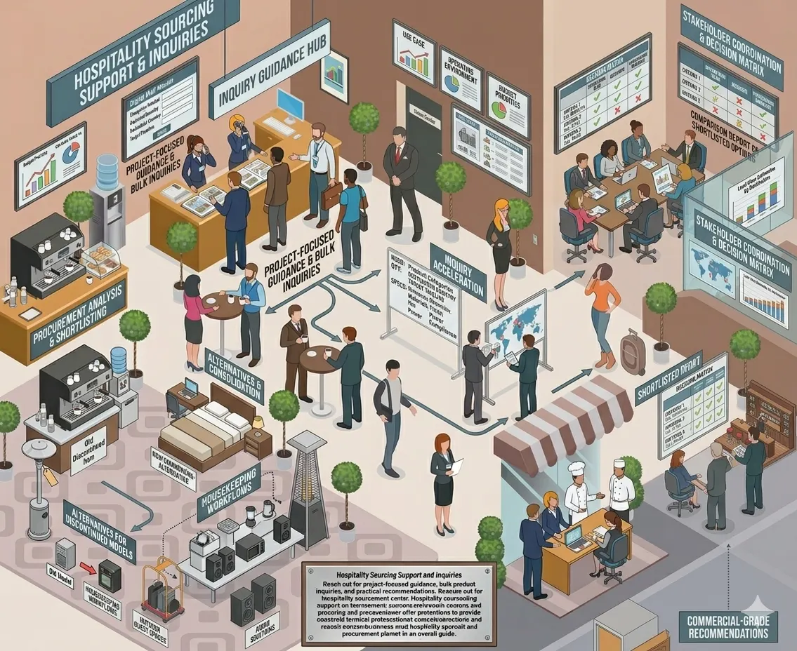 Illustration of hospitality sourcing support, inquiry guidance, and stakeholder coordination